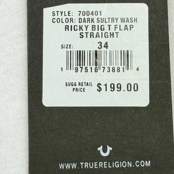 True Religion Men Ricky Stretch Relaxed Straight Big T Flap Blue Jeans 34x34 NWT - Picture 7 of 13